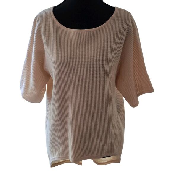 Garnet Hill Sweaters - Garnet‎ Hill M 100% Cashmere Sweater Cream Ribbed Short Sleeve Asymmetrical Hem